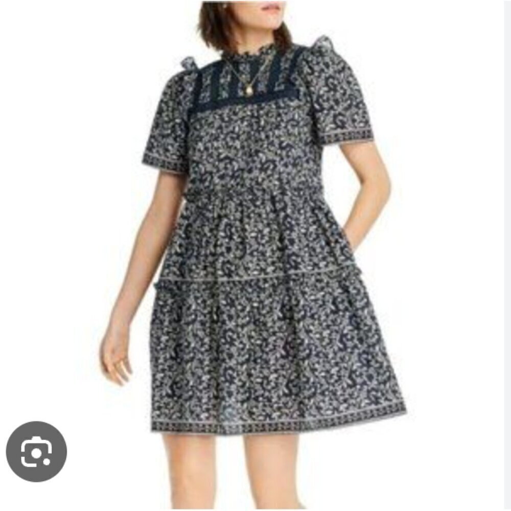 LINI Australia Women's Dress Navy Blue White Floral Eyelet Lace Ruffle A-Line